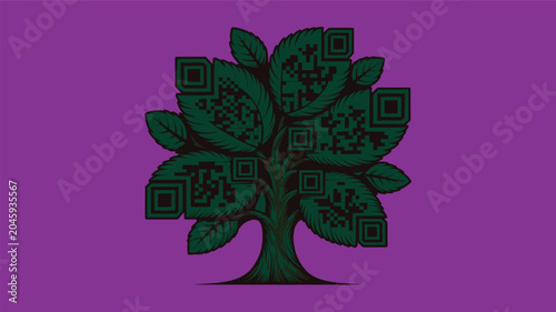 Green tree with qr code leaves on purple background