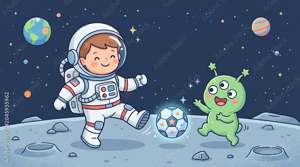 Naklejka premium Astronaut and alien playing soccer on the moon with Earth and planets in the background