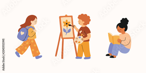 Foto Simple funny characters little children at school