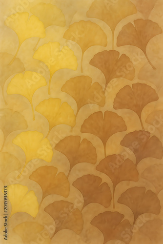Elegant seamless watercolor pattern of overlapping ginkgo leaves with a yellow-to-brown color gradient on a paper background. generated by AI.