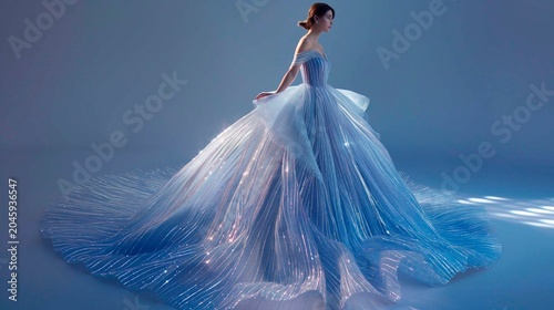 A model in shimmering ball gown made of translucent fabric that glows softly in hues of blue and silver, adorned with floating crystal accents