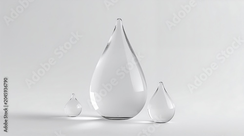 Three transparent glass teardrop shaped bottles on display