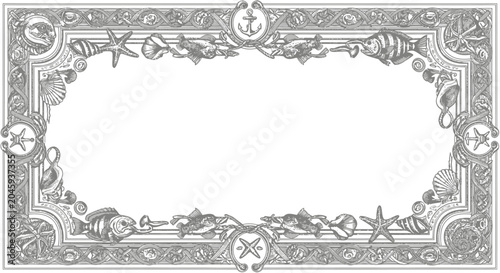 Elegant Vintage Nautical Decorative Frame with Sea Shells, Starfish, Fish, Anchor, and Ornate Marine Border Design