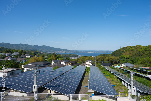 Solar Panels and View of Beppu Bay, Beppu Onsen, Oita, Japan