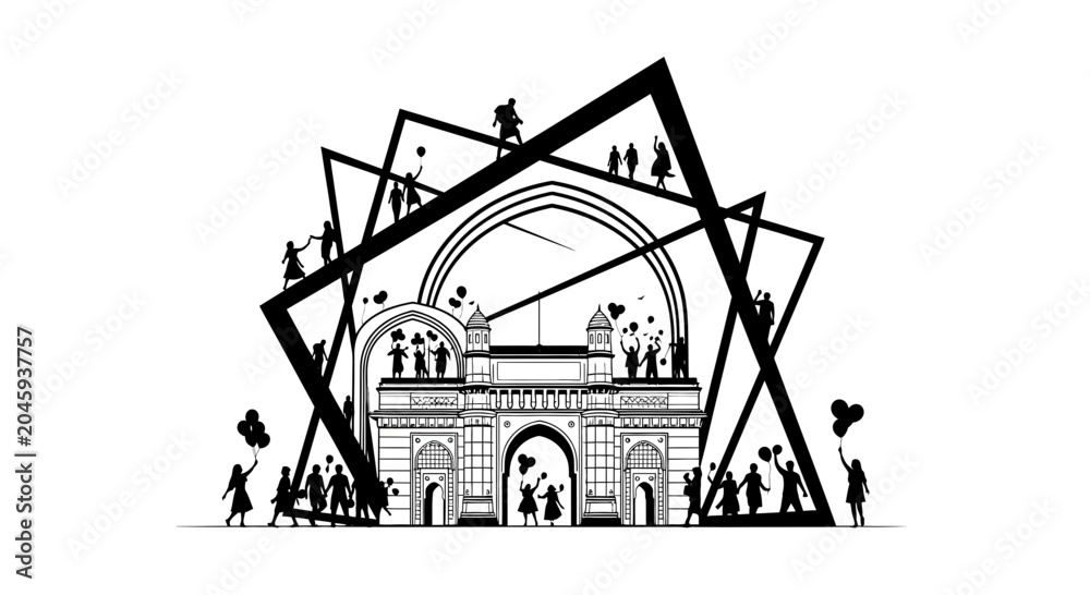 Fototapeta premium Abstract Archway with Silhouettes of People and Balloons