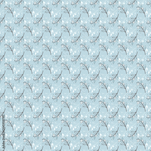 Pastel Blue Floral Seamless Pattern with Delicate Line Art Twigs and Small Flowers