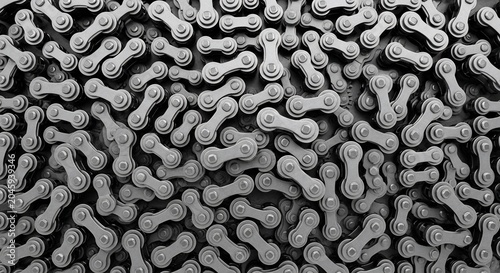 Overlapping metallic chain links, intricate industrial pattern, close-up texture, mechanical design, abstract background