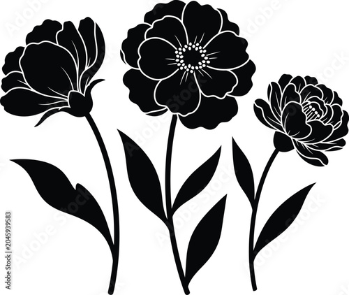 Black silhouette of three flowers on white background