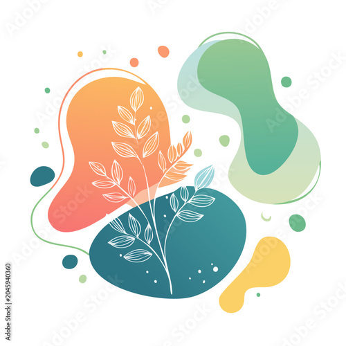 Abstract organic shapes with a delicate plant branch illustration