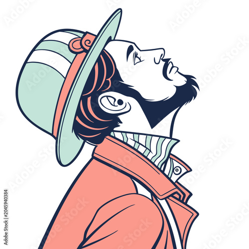 Whimsical Steampunk Enthusiast Vector Illustration - Dapper Character with Coral, Mint, and Blue Accents