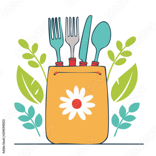 Flat design illustration of cutlery in a decorative holder with leaves