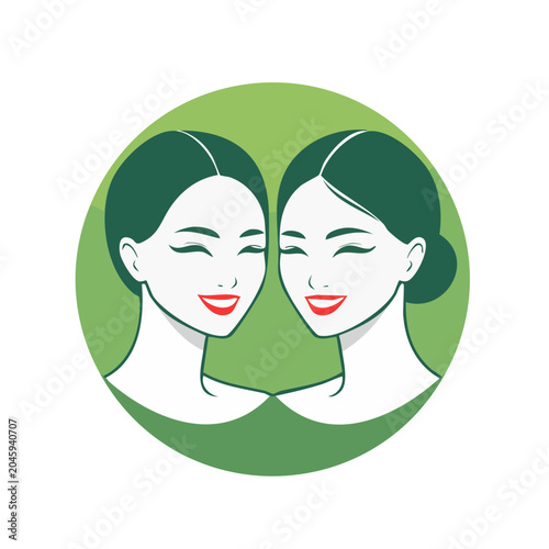 Two smiling women faces in a green circle, beauty concept