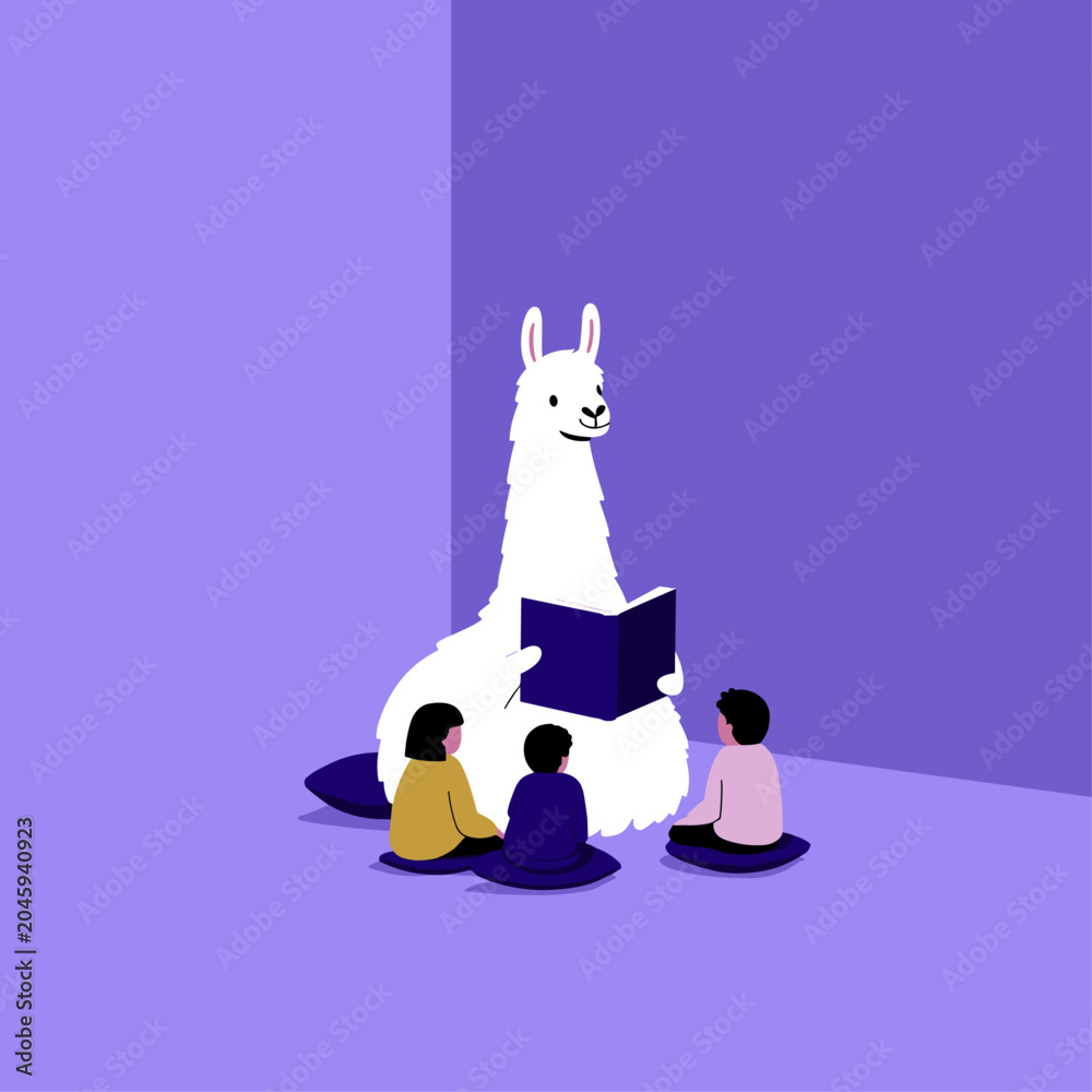 Obraz premium Llama Reading Therapy Session in a Cozy Library Corner