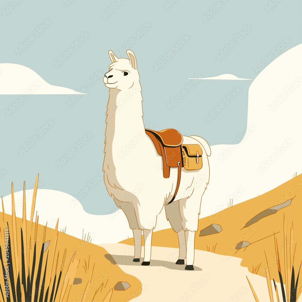 Fototapeta premium Alpaca with Leather Pack on Mountain Trekking Trail