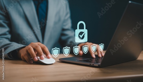 Business Professional Protecting Digital Data with Cyber Security Shield Interface
