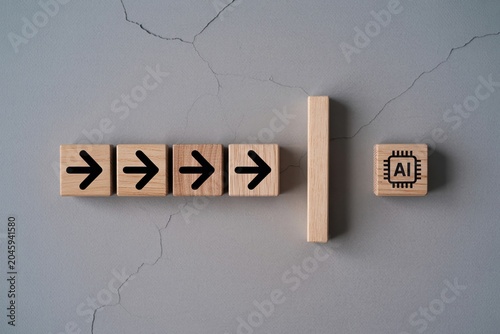 Wooden Direction Arrows and AI Symbol Representing Strategic Business Decisions