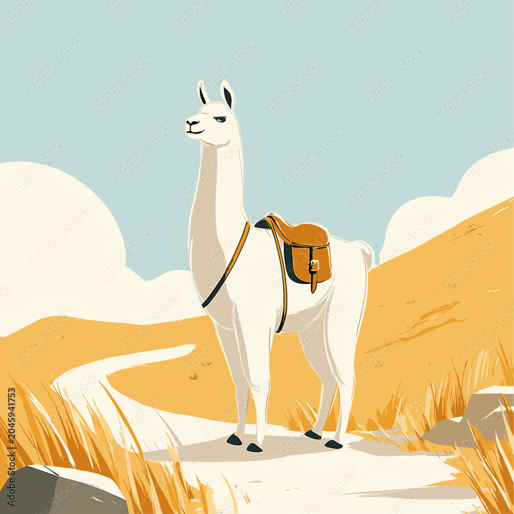 Fototapeta premium Alpaca with Leather Pack on Mountain Trekking Trail