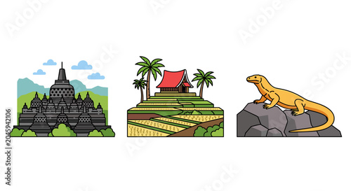 Iconic Indonesian Landmarks and Wildlife: Borobudur Temple, Rice Terraces, and Komodo Dragon