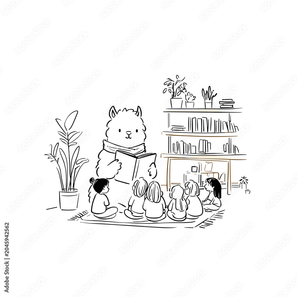 Obraz premium Calm Llama Reading a Book to Children in a Sunlit Library