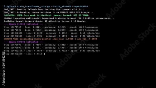 Sci fi python terminal screen showing green artificial intelligence transformer model training logs with deep learning epoch metrics.