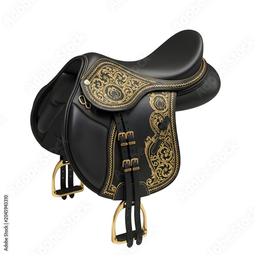 Ornate black leather horse saddle with golden floral engravings