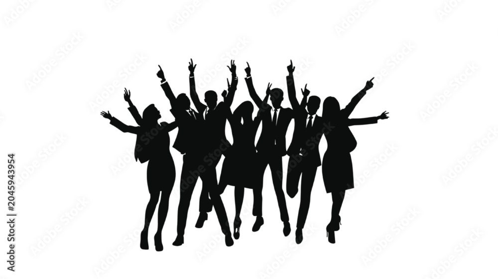 Obraz premium Business team members jump high in the air with arms raised as dynamic black silhouettes to celebrate corporate success, joyful workplace achievements, and collective motivation in a professional.