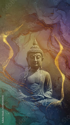Buddha statue in meditation pose. Spiritual concept with golden light streams and ink background. Zen practice and mindfulness for inner peace and enlightenment. Vertical video