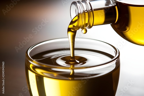 Vertiendo aceite de oliva virgen extra desde una botella en un cuenco de cristal