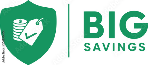 Big Savings Badge with Coins and Price Tag Check Mark Icon