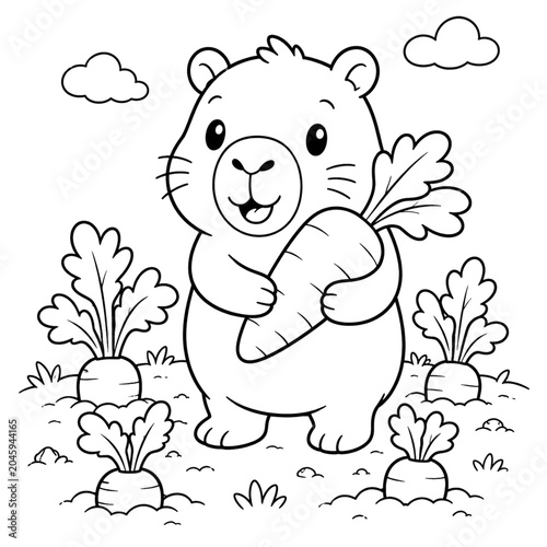 Cute Capybara Harvesting Carrot Coloring Page