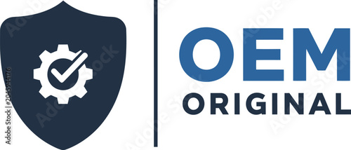 OEM Original Badge with Gear and Check Mark on White Background