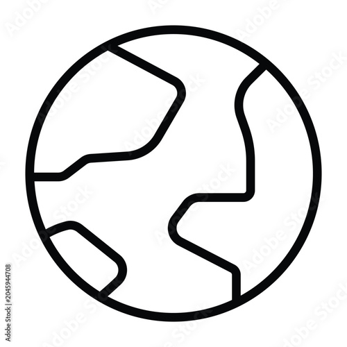 Earth globe black outline style symbol featuring simplified continents and oceans. Suitable for geography, environment, education, travel, and global themed projects.