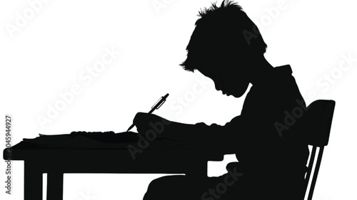 Student silhouette sits at a desk while writing in a notebook, showcasing the dark texture of a seated figure and the sharp edge of a pen against a bright white background ideal for educational.