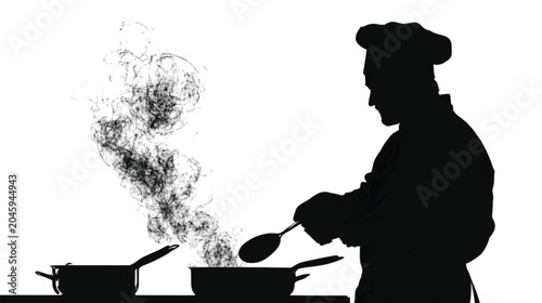 Chef silhouette stands over hot pans with rising steam to illustrate professional culinary expertise and the intense heat of a commercial kitchen environment.
