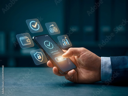 Hand holding smartphone, showing 'Payment Confirmed' with glowing icons, illustrating secure mobile banking and modern digital finance technology