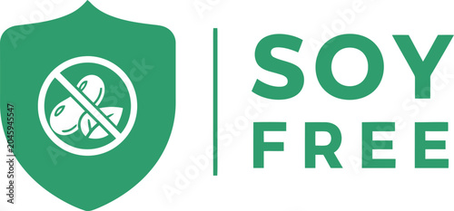 Soy Free Label Icon with Green Shield and Allergen Symbol