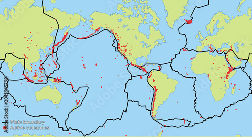 Foto Relationship between tectonic plate boundaries and active volcanoes