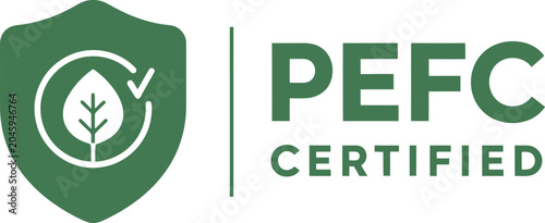 PEFC Certified Logo with Green Shield and Leaf Symbol on White Background