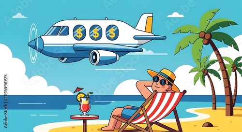 Autopilot Passive Income Airplane Over Tropical Ocean Vector Illustration