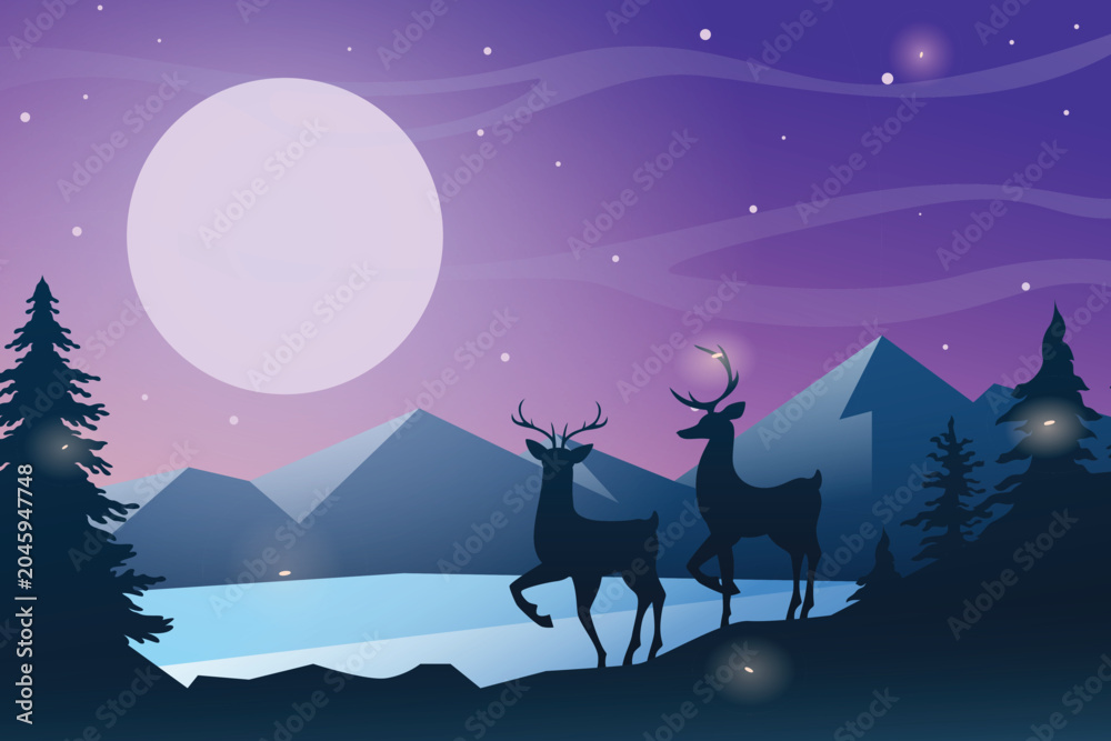 Fototapeta premium Deer Silhouette Under Full Moon Landscape Illustration