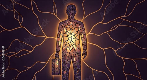 Cracked Stained Glass Businessperson Holding Briefcase Vector Concept Illustration