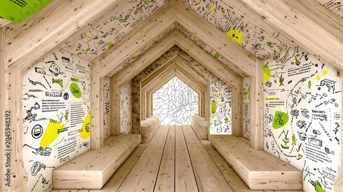 interior with walls projecting inspirational educational symbols and graphics