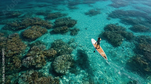 Person paddleboarding turquoise clear ocean water