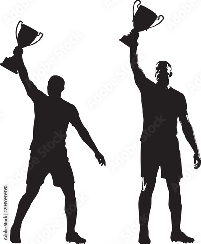 Silhouettes Of Athletes Holding Trophies Black On White Background