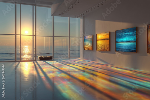 Art Gallery Interior with Colorful Light Reflections