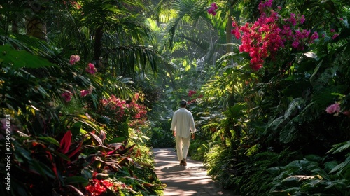 Person walking garden path tropical foliage