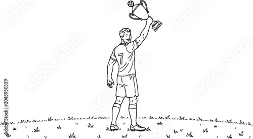 Soccer player holding trophy black and white line drawing on white background