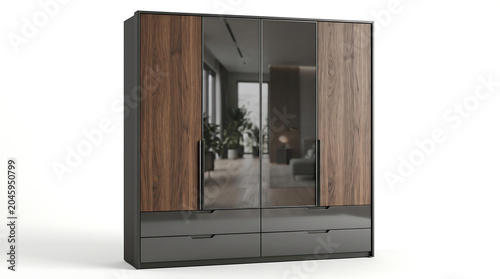 Modern wardrobe closet, wooden mirrored cabinet, black frame, home interior furniture