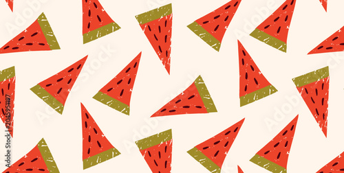 Seamless pattern with watermelon slices on light background. Summer fruit texture with grunge effect. Flat colorful vector illustration for wrapping paper, textile and print design.