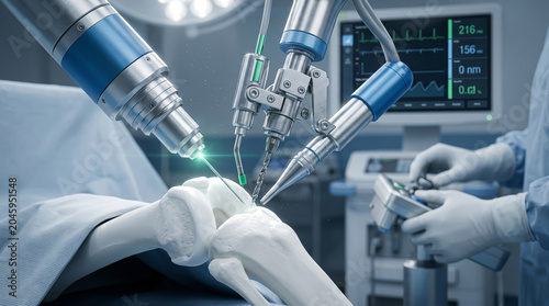 Manipulating synthetic matte polymer bone structures using precision engineered metallic robotic arms with integrated green laser guidance in a lab.